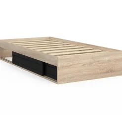 Cadre de lit simple 90x190 cm bois façon hêtre et noir avec rangement et sommier 10 lattes