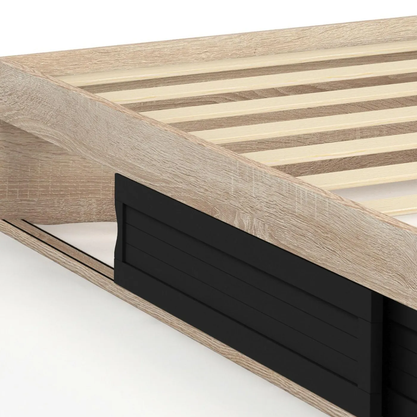 Cadre de lit simple 90x190 cm bois façon hêtre et noir avec rangement et sommier 10 lattes