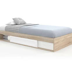 Cadre de lit simple 90x190 cm bois façon hêtre et blanc avec rangement et sommier 10 lattes