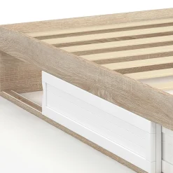 Cadre de lit simple 90x190 cm bois façon hêtre et blanc avec rangement et sommier 10 lattes