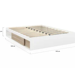 Cadre de lit 140x190 cm avec sommier et rangements blanc et bois façon hêtre