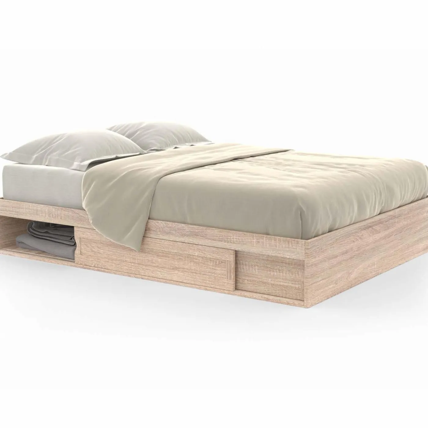 Cadre de lit 140x190 cm avec sommier et rangements en hêtre