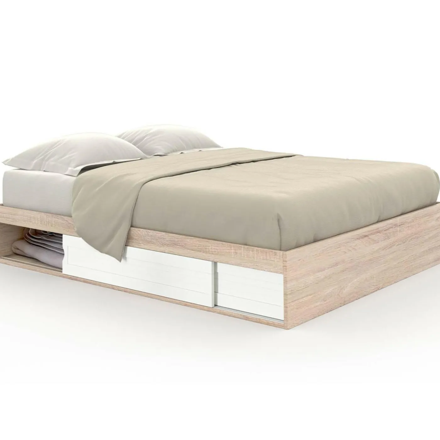 Cadre de lit 140x190 cm avec sommier et rangements blanc et bois