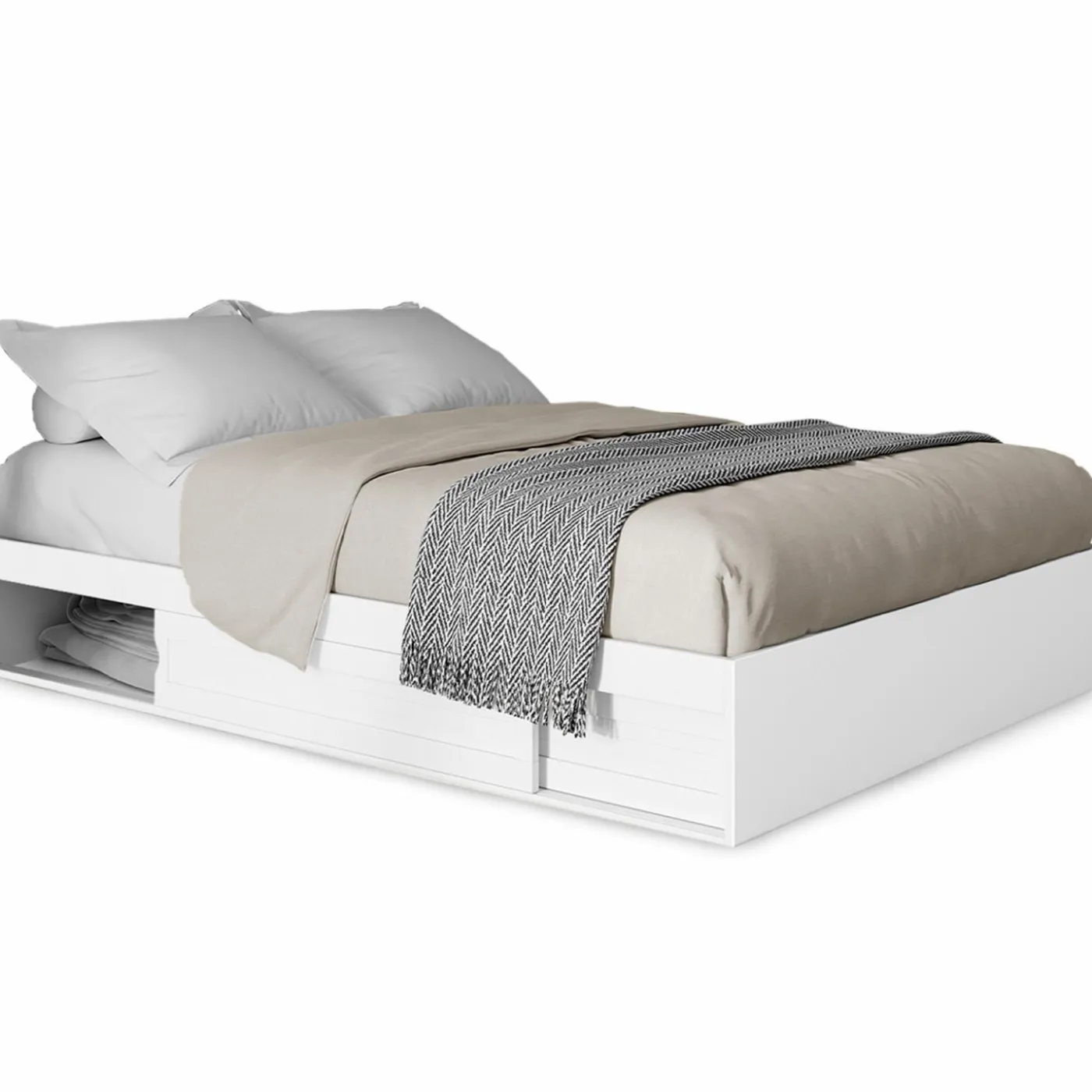 Cadre de lit 140x190 cm avec sommier et rangements blanc