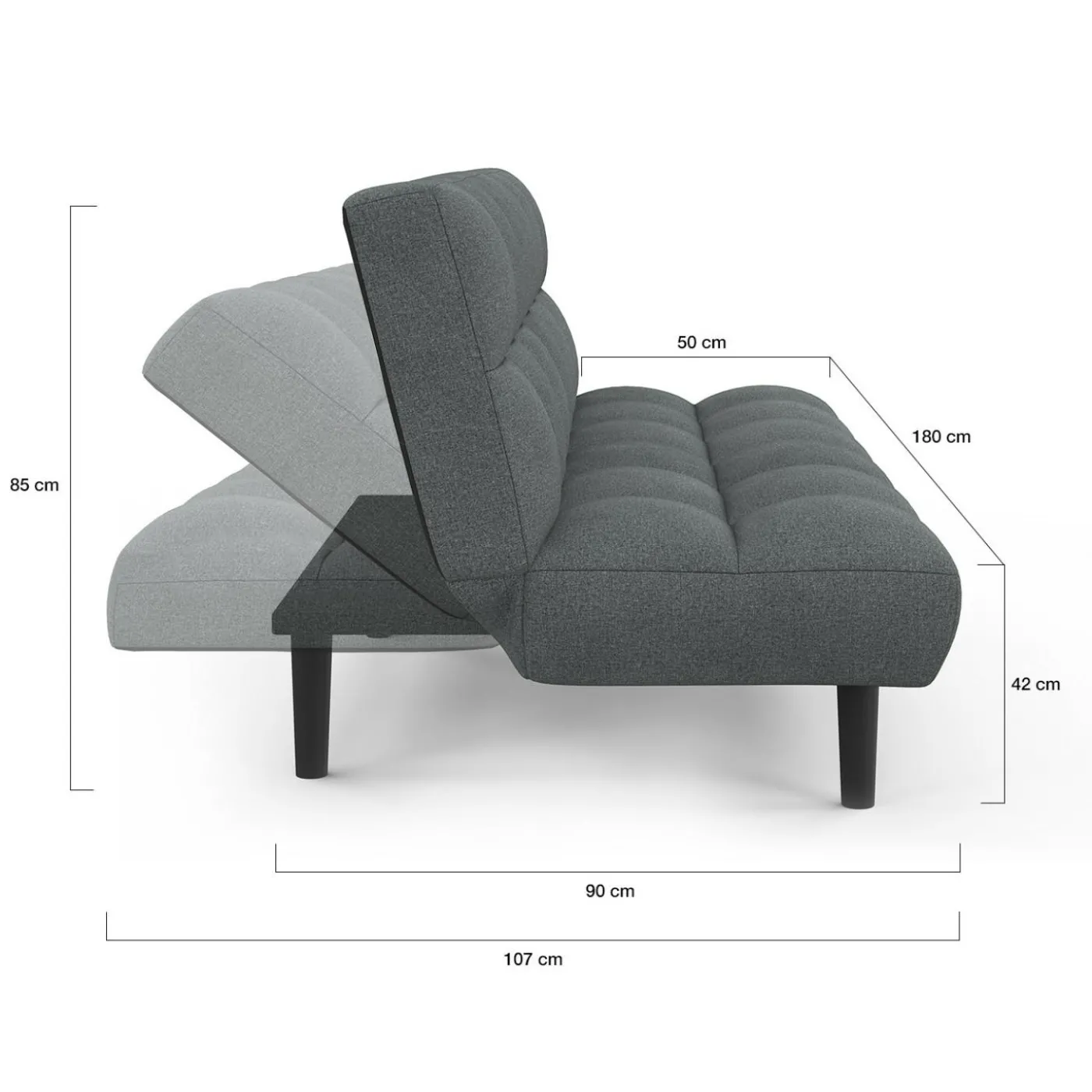 Canapé clic clac SALOME capitonné 3 places tissu gris anthracite