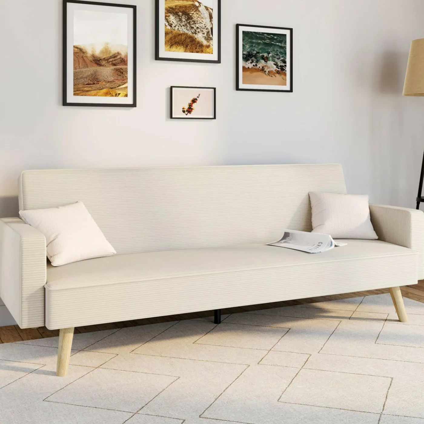 Canapé droit scandinave 3 places convertible LARS velours côtelé beige