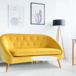 Canapé velours jaune rétro chic pieds en bois