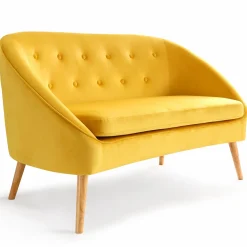 Canapé velours jaune rétro chic pieds en bois