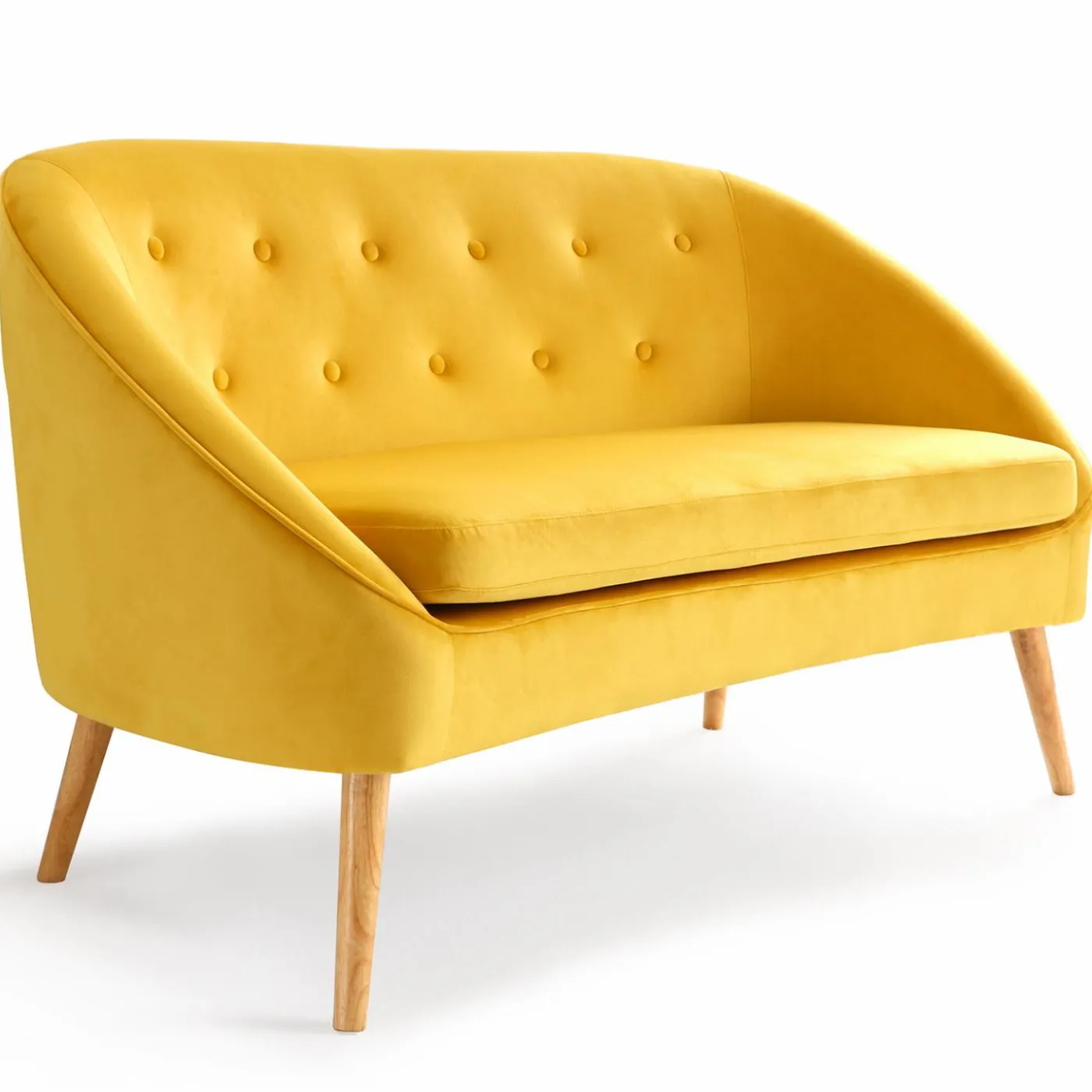 Canapé velours jaune rétro chic pieds en bois