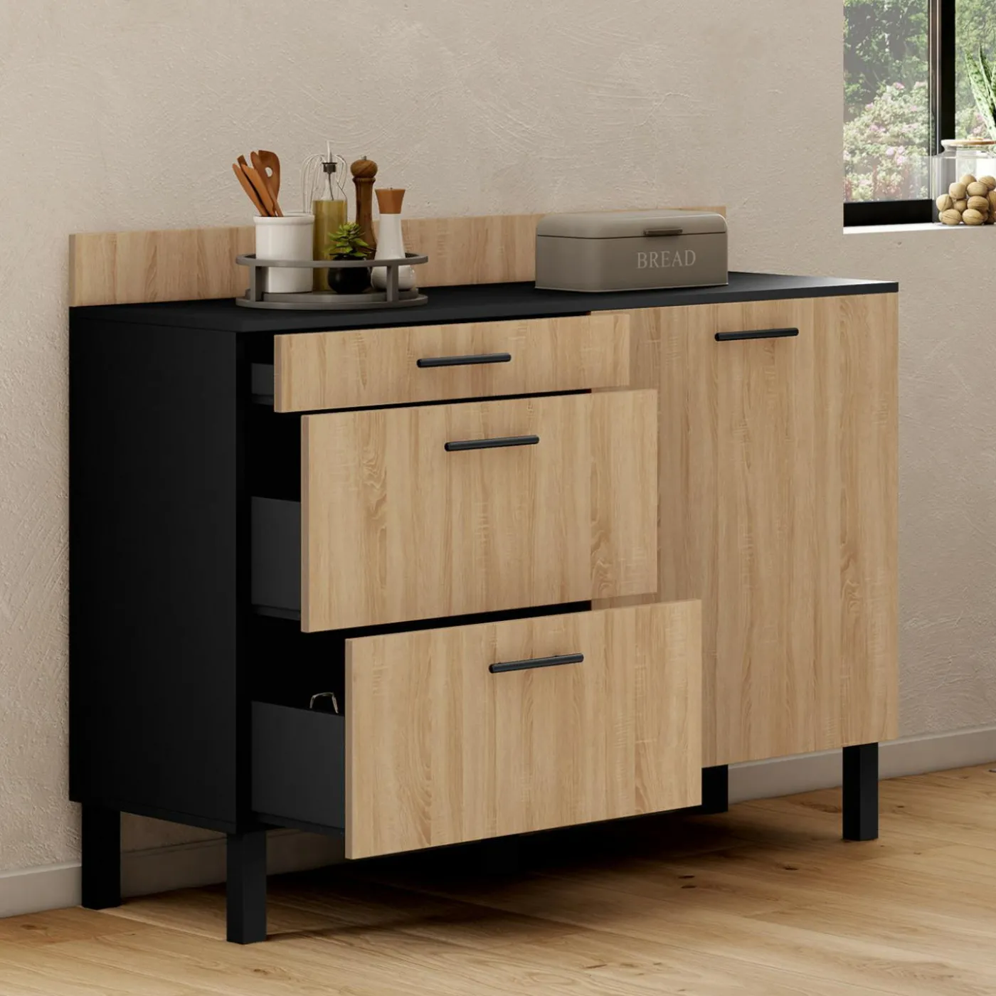 Casserolier bois noir et façon hêtre 120 cm plan de travail H.83 cm 1 porte + 3 tiroirs