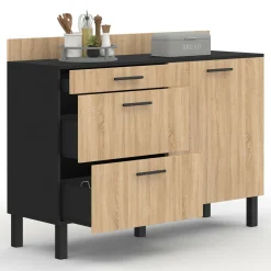 Casserolier bois noir et façon hêtre 120 cm plan de travail H.83 cm 1 porte + 3 tiroirs