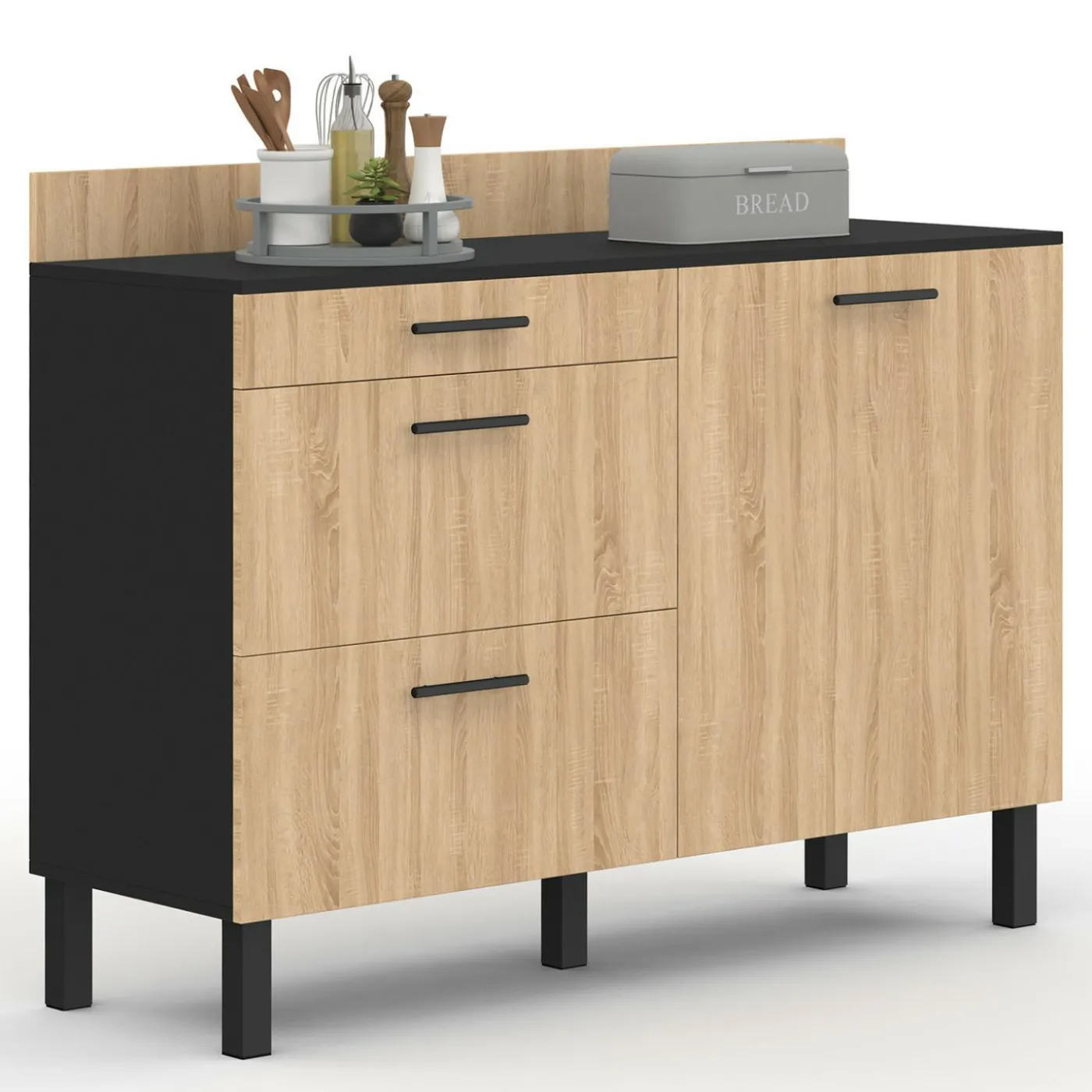 Casserolier bois noir et façon hêtre 120 cm plan de travail H.83 cm 1 porte + 3 tiroirs