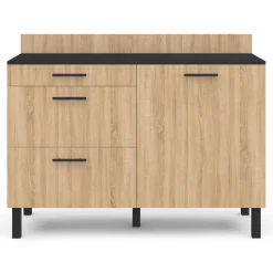 Casserolier bois noir et façon hêtre 120 cm plan de travail H.83 cm 1 porte + 3 tiroirs
