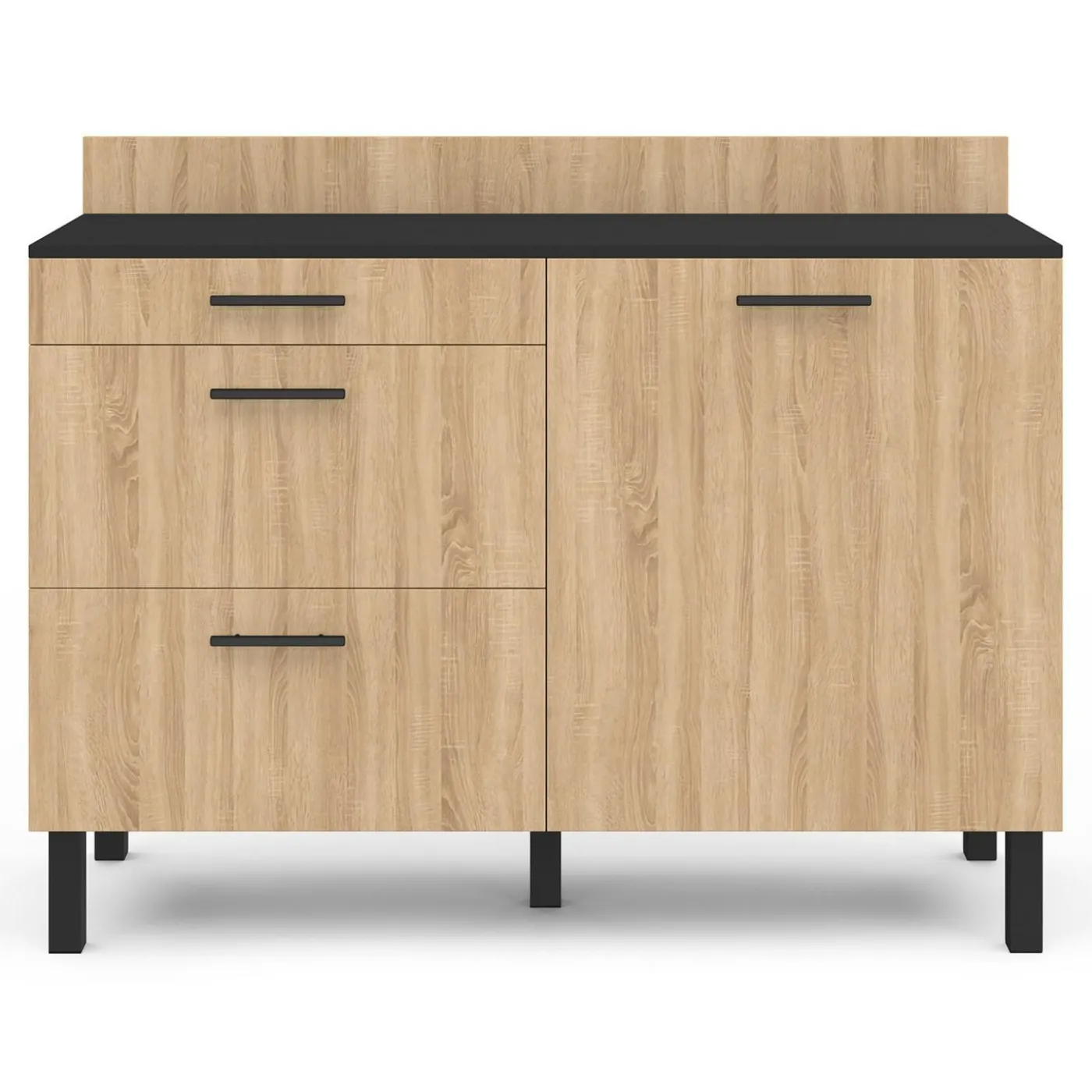 Casserolier bois noir et façon hêtre 120 cm plan de travail H.83 cm 1 porte + 3 tiroirs
