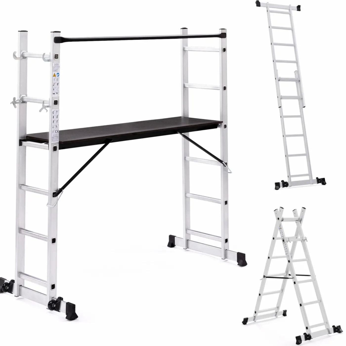 Échafaudage aluminium plateforme modulable avec échelle multifonction, sur roues, 165 cm