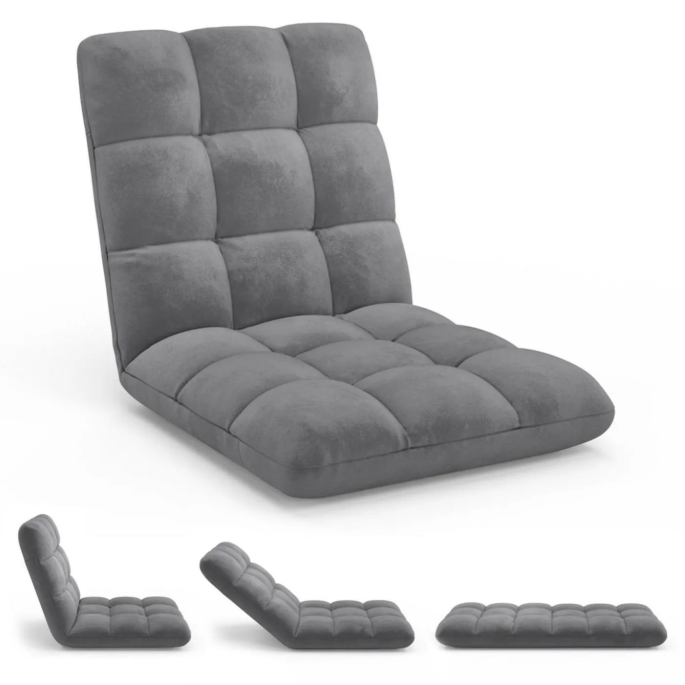 Chaise de sol pliante 15 positions en velours gris anthracite