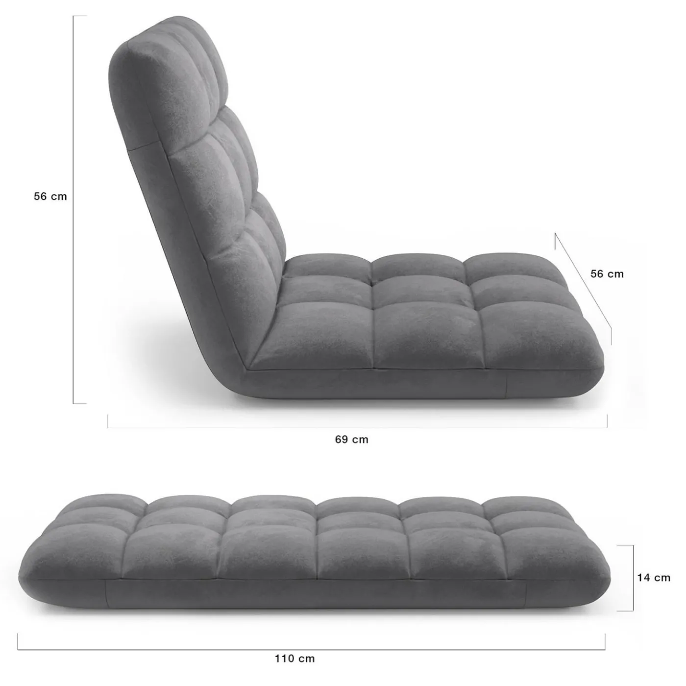 Chaise de sol pliante 15 positions en velours gris anthracite