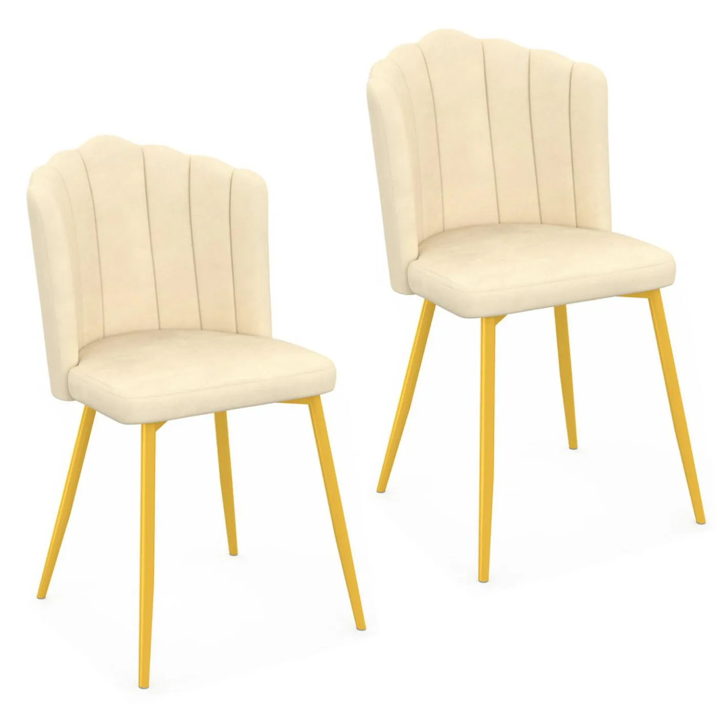 Chaises coquillages beiges en velours et pieds dorés