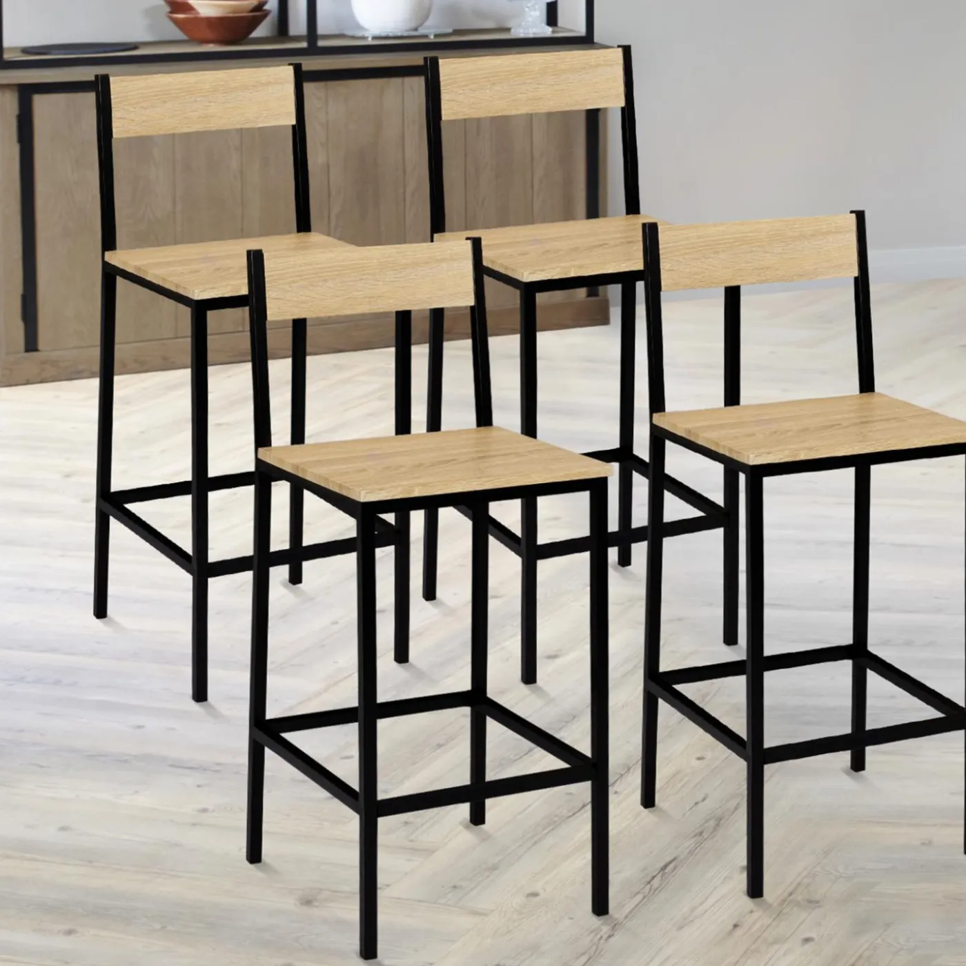 Chaises de bar industrielles métal et bois avec dossier x4