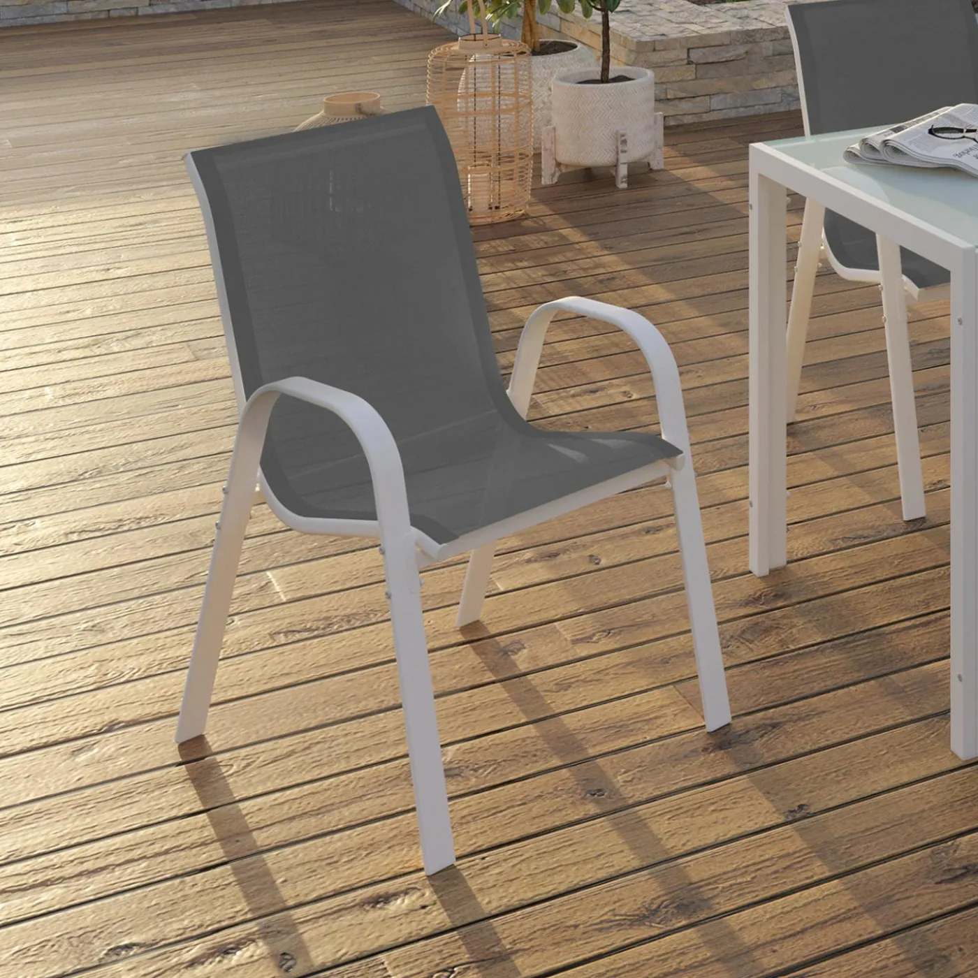Chaises de jardin empilables blanc et gris - lot de 6