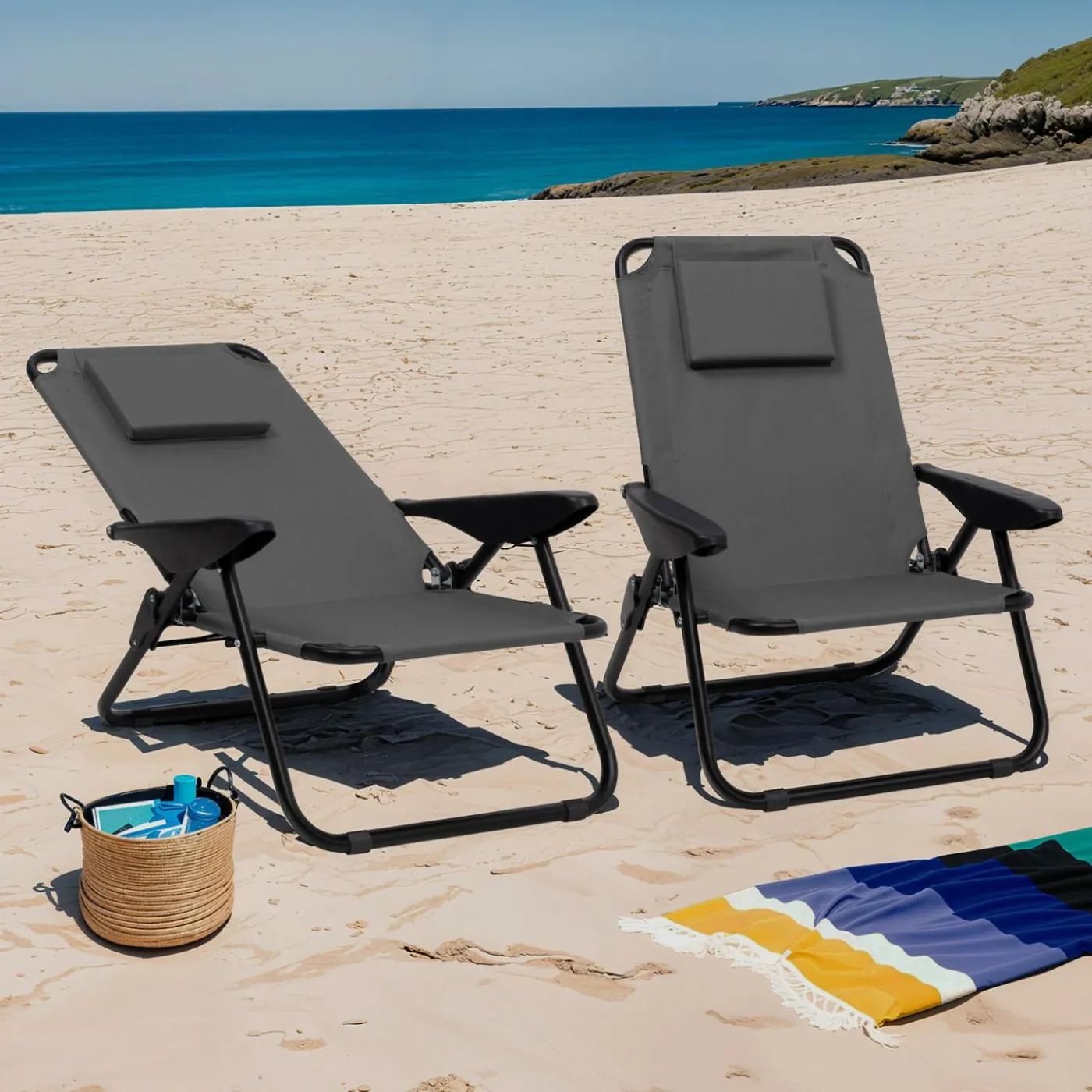 Chaises de plage pliantes gris anthracite avec dossier inclinable