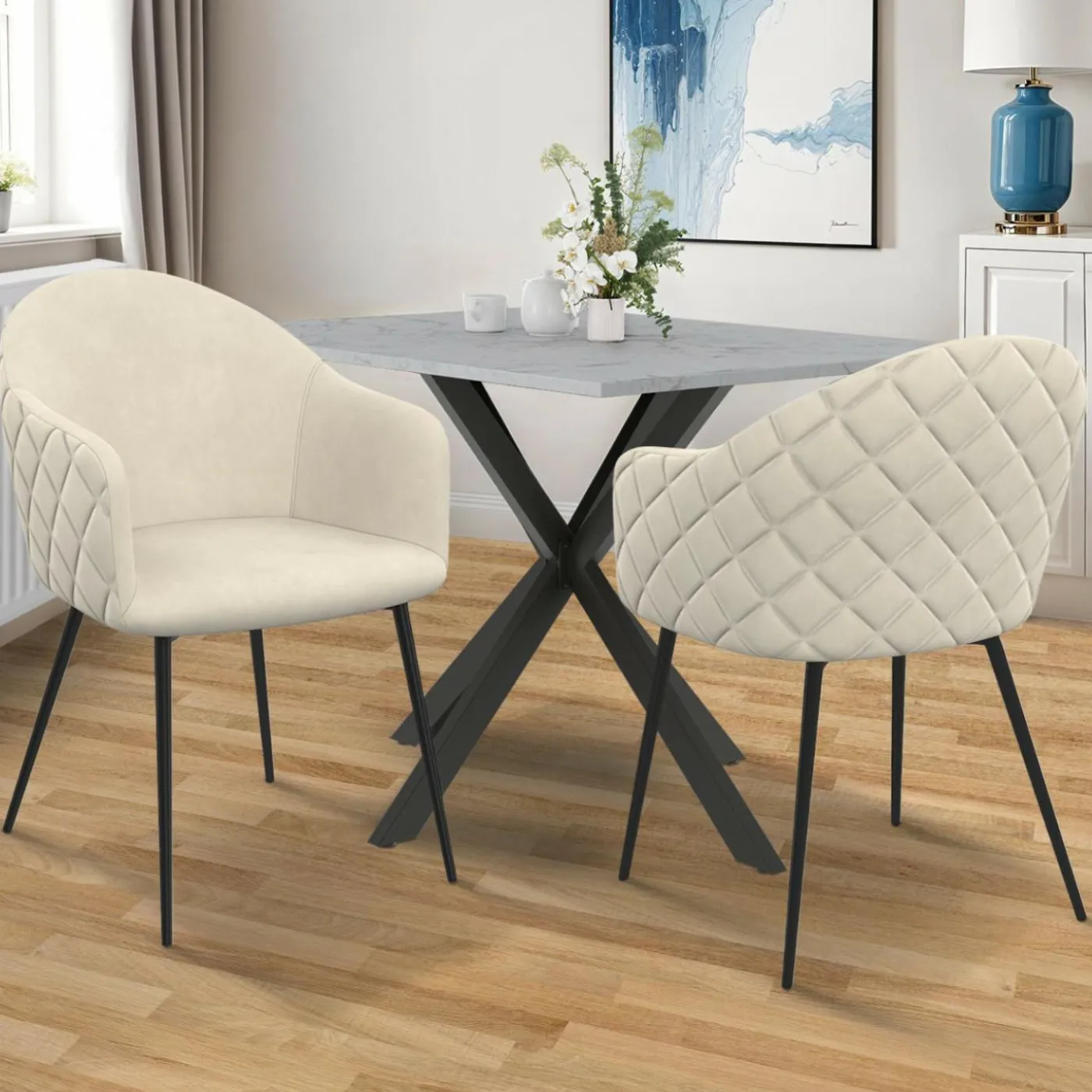 Chaises de salle à manger design en velours gaufré beige