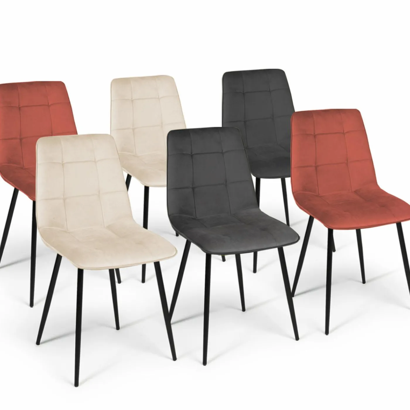 Chaises en velours multicolore terracotta, gris foncé et beige