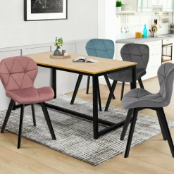 Chaises en velours pastel bleu, gris clair, gris foncé et rose