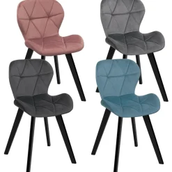 Chaises en velours pastel bleu, gris clair, gris foncé et rose