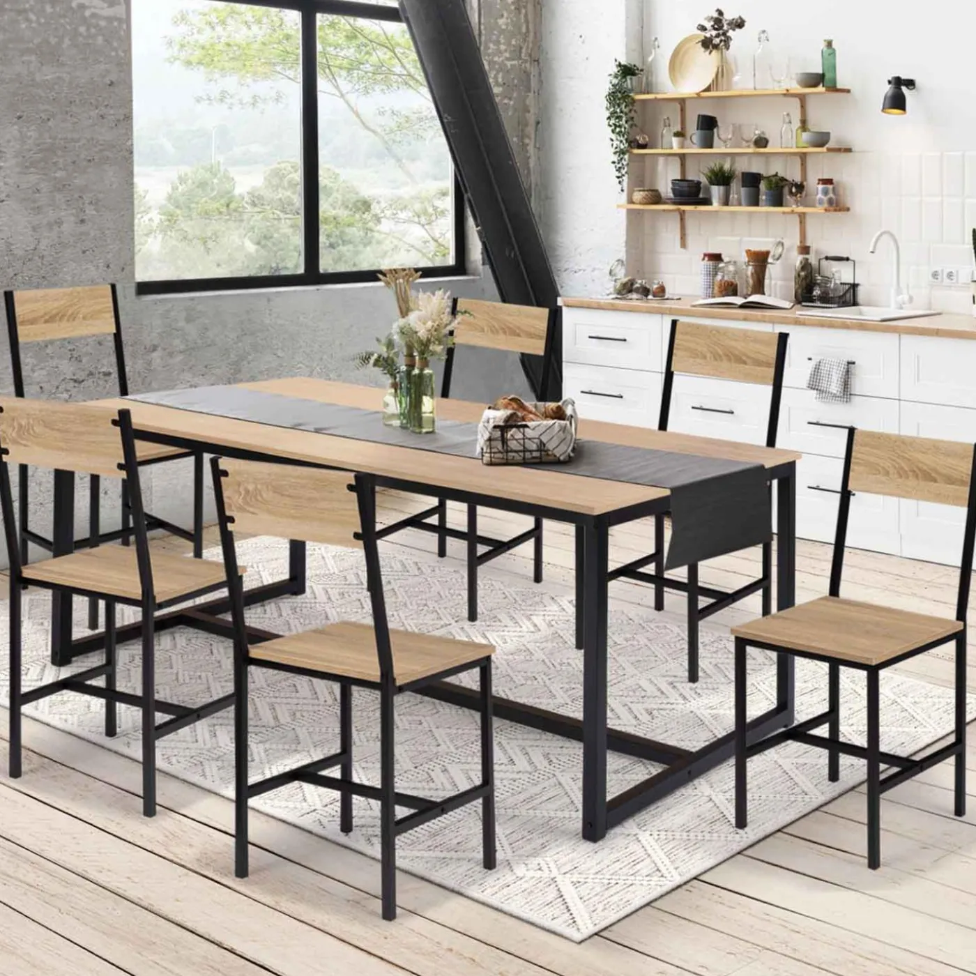 Chaises industrielles en métal noir et bois