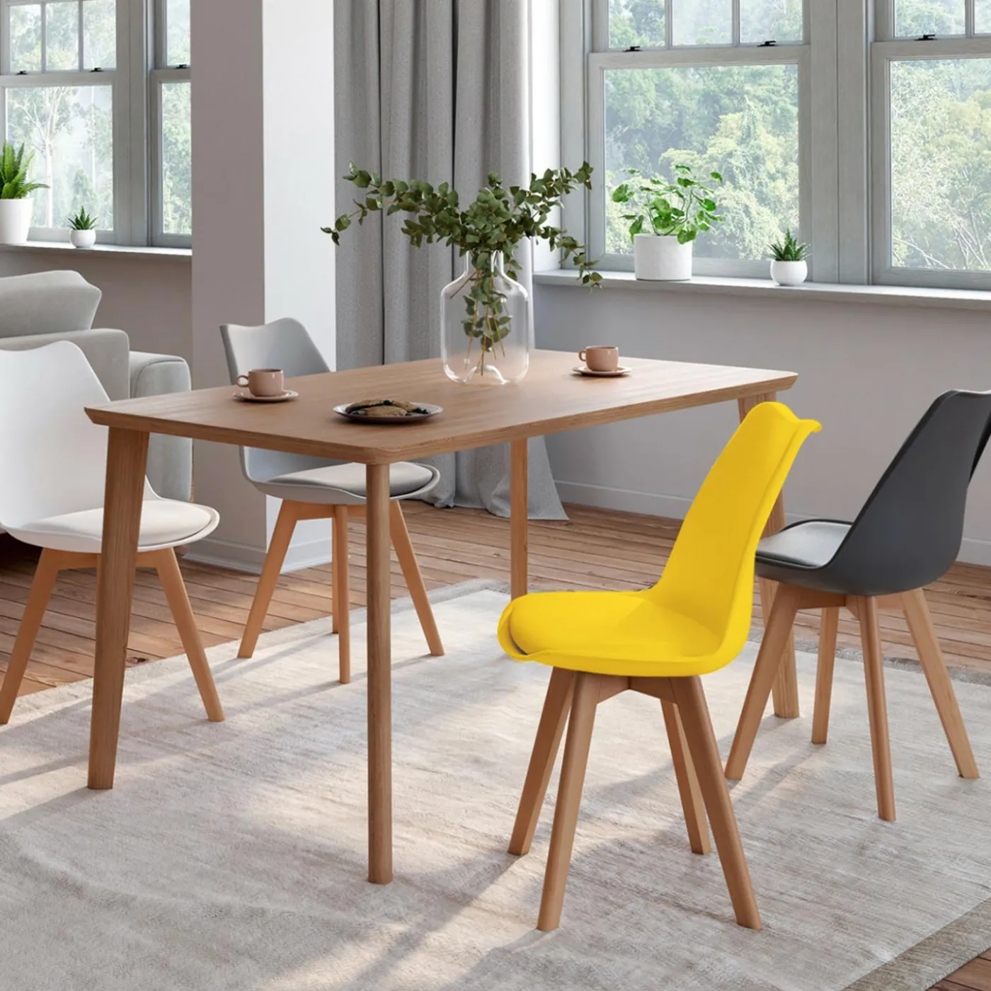 Chaises scandinaves 4 couleurs : gris foncé, gris clair, blanc et jaune