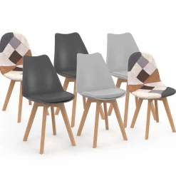 Chaises scandinaves mix color : gris foncé, gris clair, patchworks marron