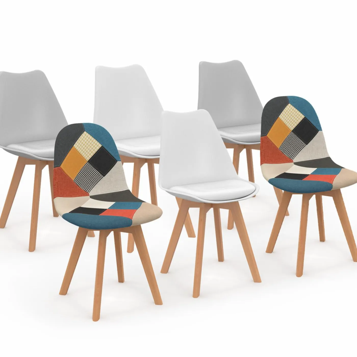 Chaises scandinaves mix color blanc, gris clair et patchworks