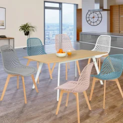 Chaises scandinaves pastel rose, blanc, gris clair x2, bleu x2 avec dossier ajouré