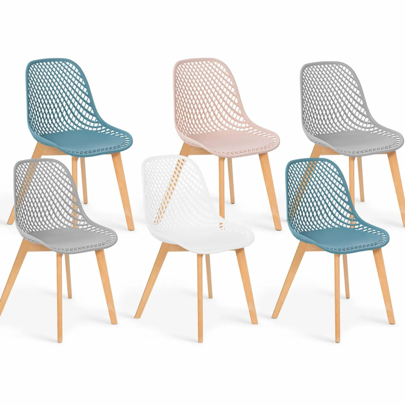 Chaises scandinaves pastel rose, blanc, gris clair x2, bleu x2 avec dossier ajouré