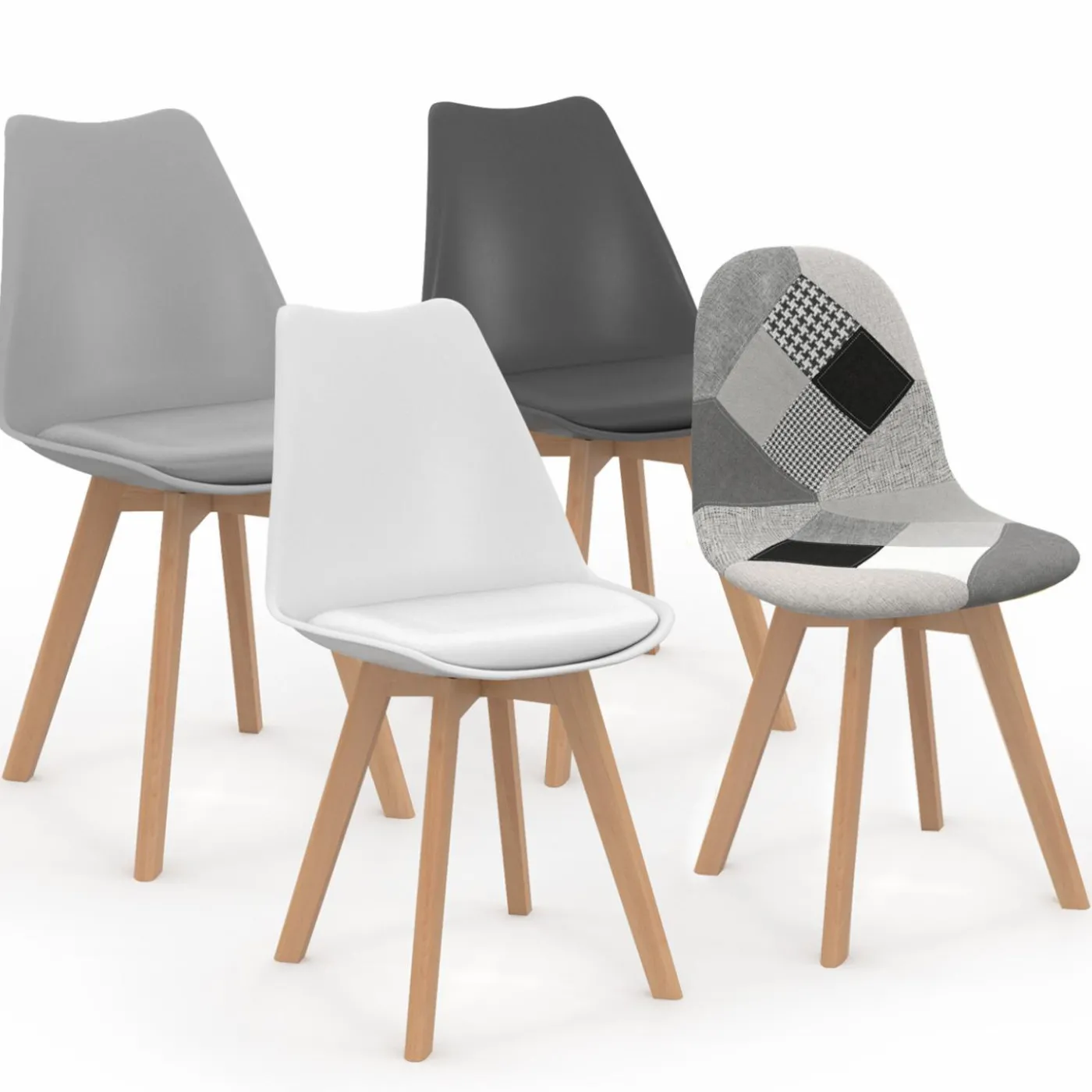 Chaises scandinaves patchworks noirs, gris et blancs