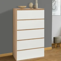 Chiffonier commode semainier bois façon hêtre et blanc 60 cm 5 tiroirs