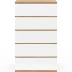 Chiffonier commode semainier bois façon hêtre et blanc 60 cm 5 tiroirs