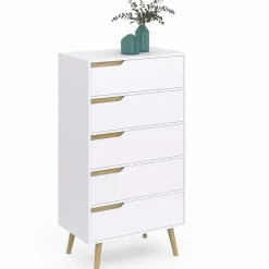 Chiffonnier 5 tiroirs bois et blanc style scandinave