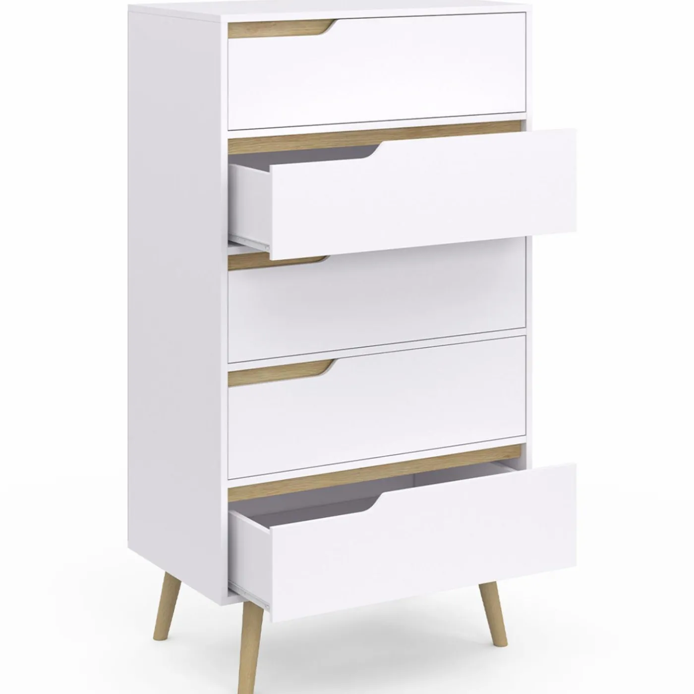 Chiffonnier 5 tiroirs bois et blanc style scandinave