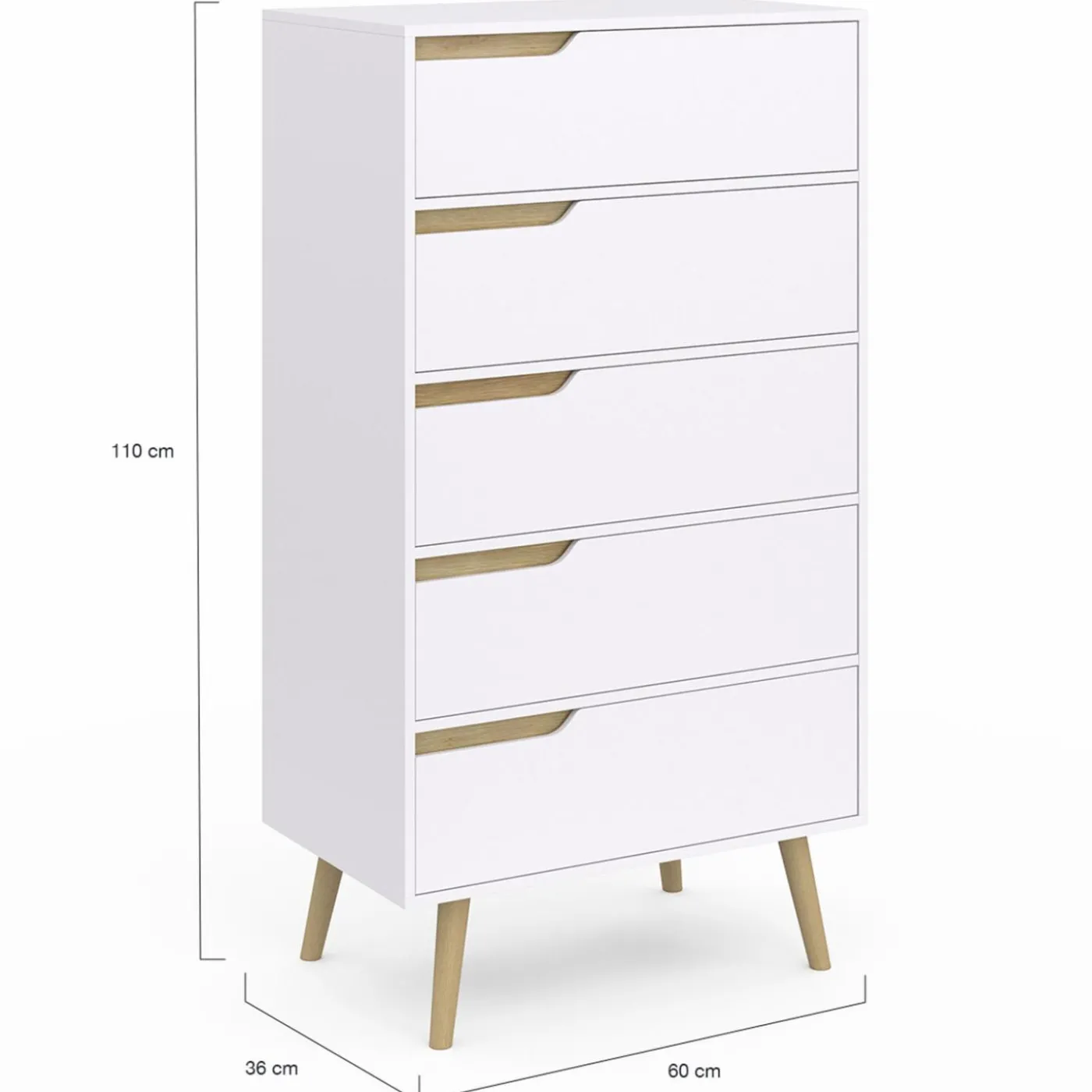 Chiffonnier 5 tiroirs bois et blanc style scandinave