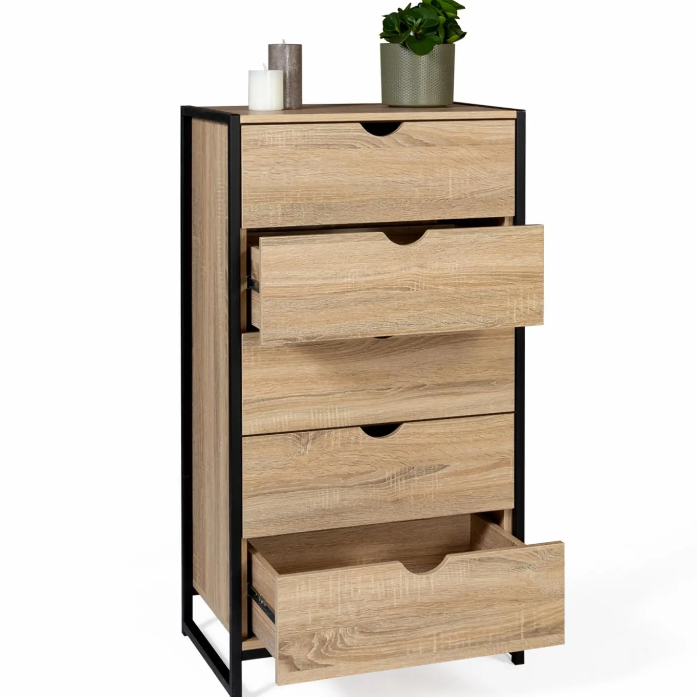 Chiffonnier industriel bois et métal 5 tiroirs