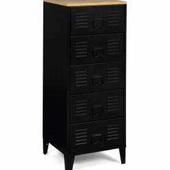 Chiffonnier industriel métal noir et imitation hêtre avec 5 tiroirs