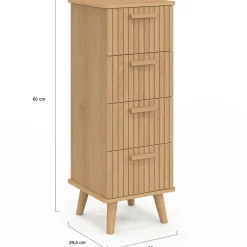 Chiffonnier lattes tasseau bois coloris chêne - meuble d'appoint 4 tiroirs 30 cm