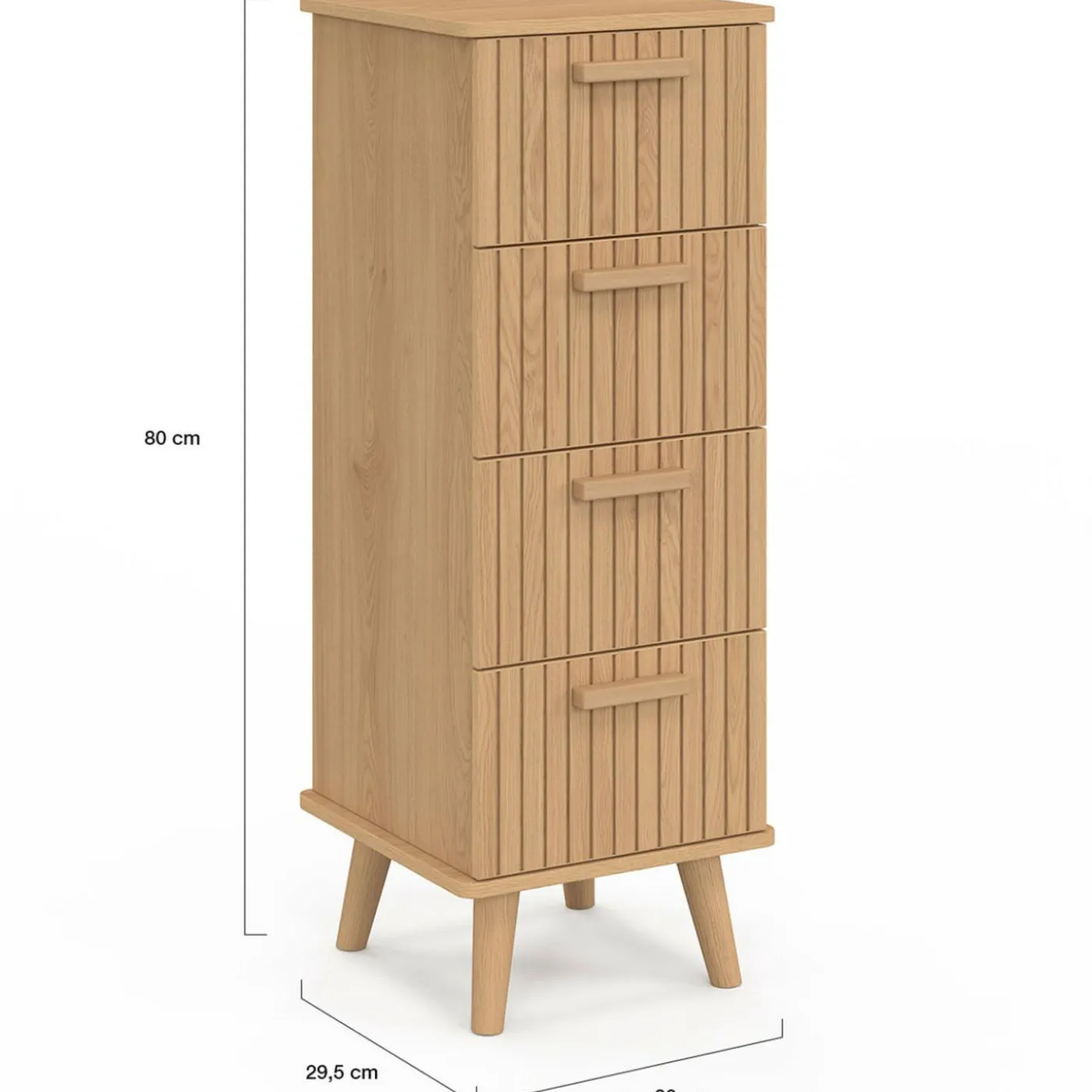 Chiffonnier lattes tasseau bois coloris chêne - meuble d'appoint 4 tiroirs 30 cm