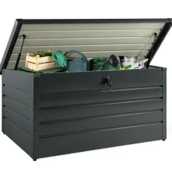 Coffre de rangement métal 810L verrouillable gris anthracite pour jardin 147x86x82 cm