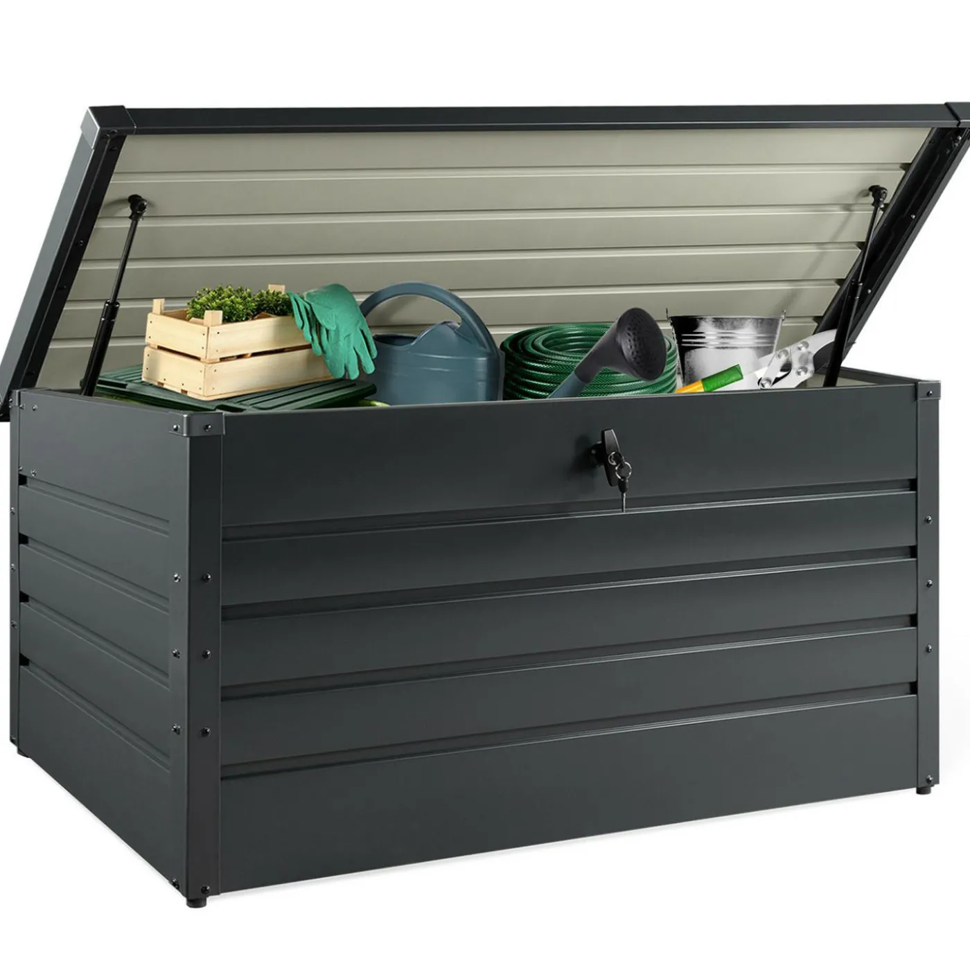 Coffre de rangement métal 810L verrouillable gris anthracite pour jardin 147x86x82 cm