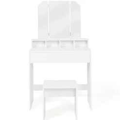 Coiffeuse 3 miroirs blanche avec 4 niches, 1 tiroir et tabouret