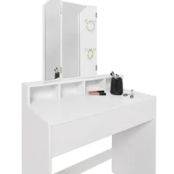 Coiffeuse 3 miroirs blanche avec 4 niches, 1 tiroir et tabouret