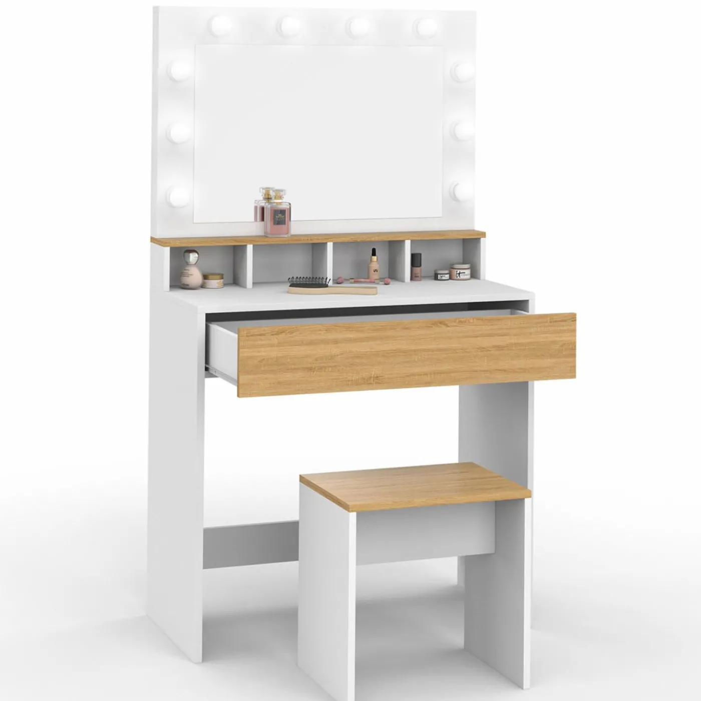 Coiffeuse avec miroir LED blanc et hêtre